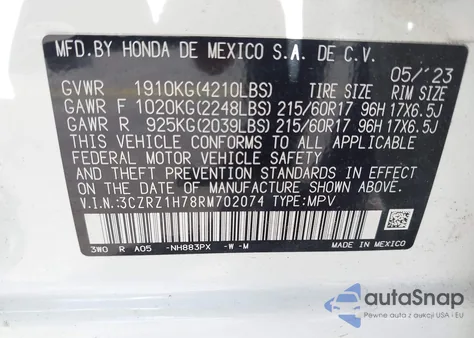 2024 Honda Hr-V 2Wd Ex-L/2Wd Ex-L W/O Bsi from USA, damaged, VIN 3CZRZ1H78RM702074